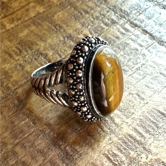 Tigers Eye Sterling Silver Oval Ring With Ornate Band & Beaded Detailing Size 6 - Picture 3 of 16